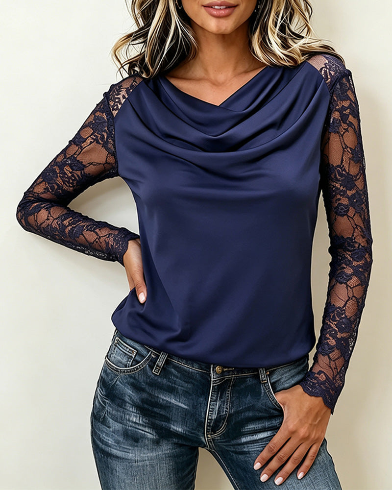 Blouse Col Drapé Dentelle Panneau Manches Longues