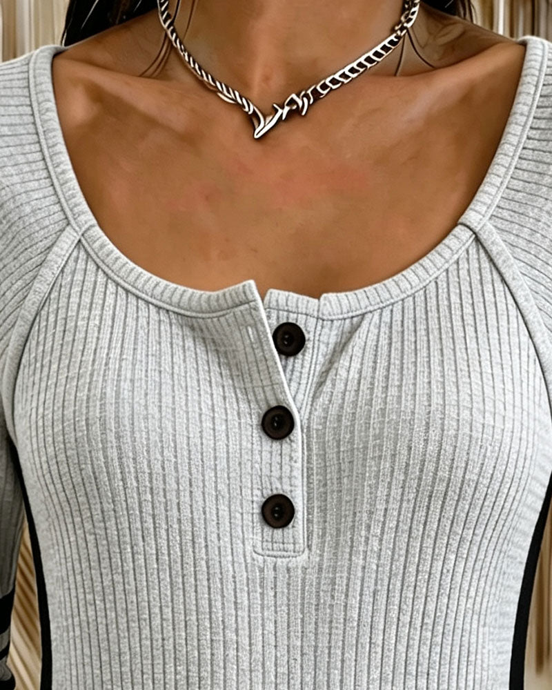 Blouse Col En U Bouton Couleur Contrastante