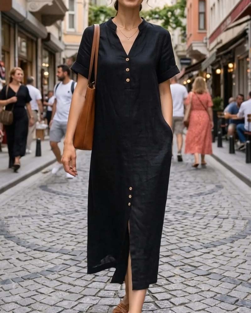 Robe Col V Manche Courte Bouton