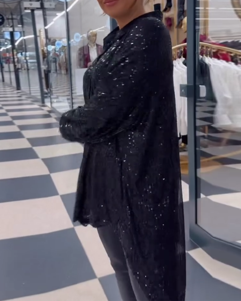 Chemise décontractée fendue à revers pailletés