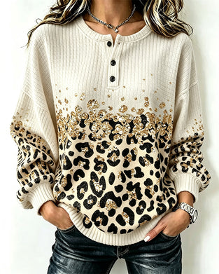 Sweatshirt Col Rond Boutonné Imprimé Léopard