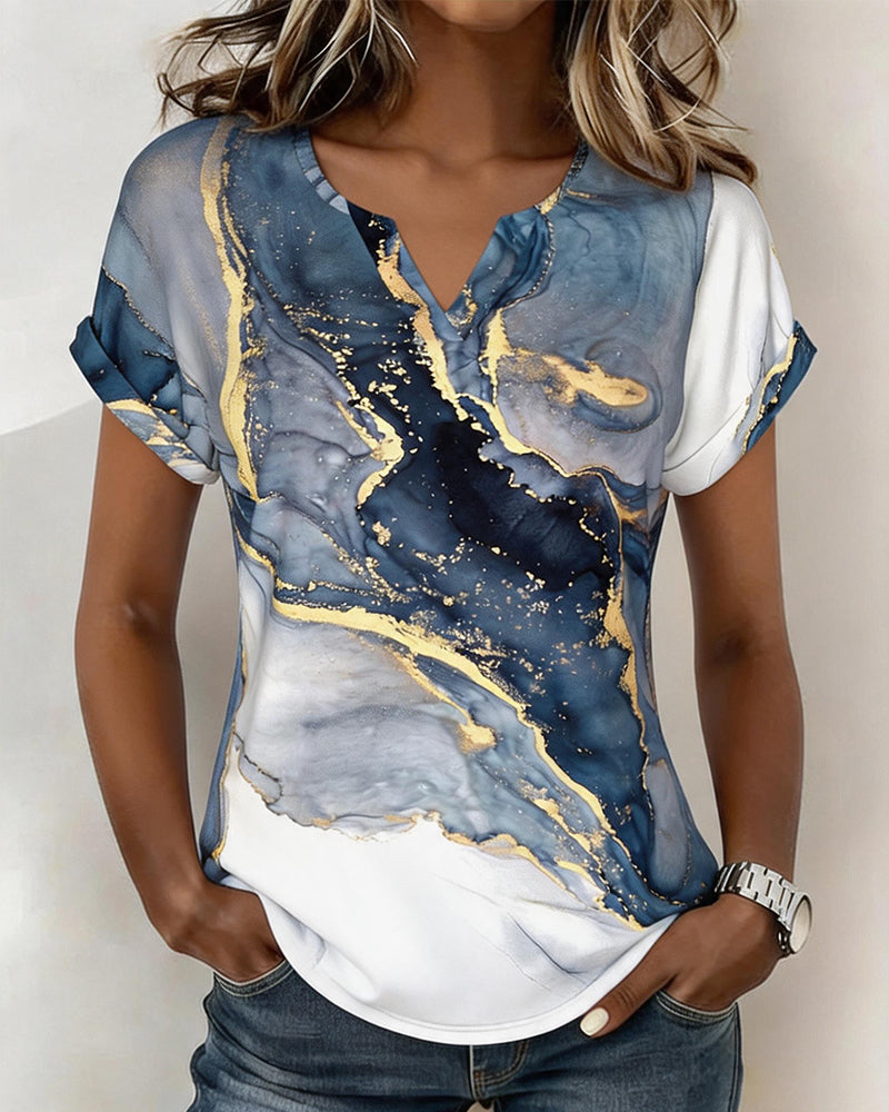 T-Shirt Imprimé Marbre Col En V