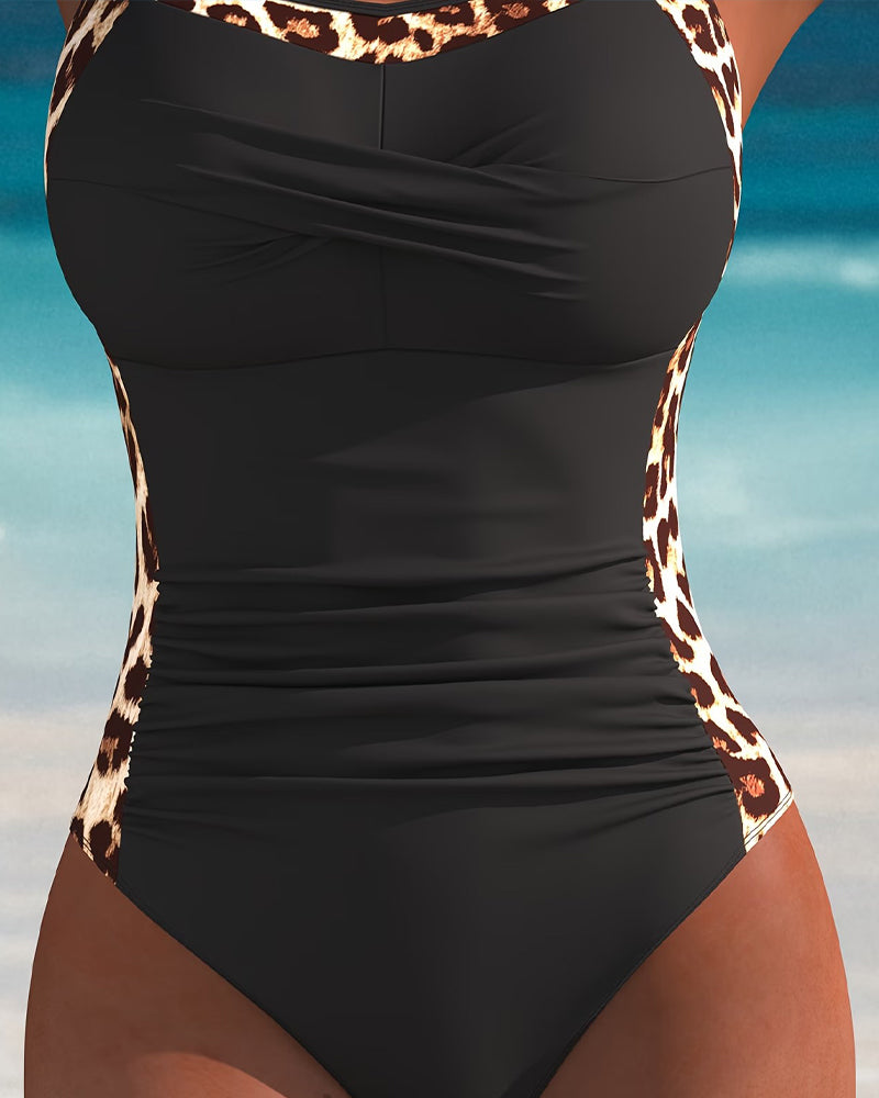 One-Piece Halter Léopard Imprimé Patchwork