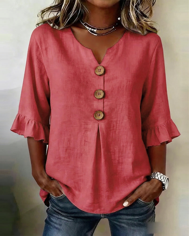 Blouses Unies Coton-Lin Boutons En Bois Volants