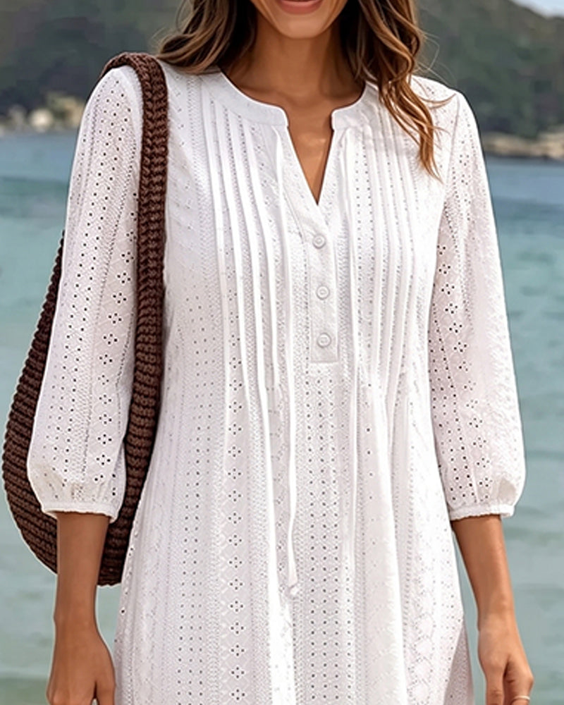 Robe Col V Plissé Découpé Uni