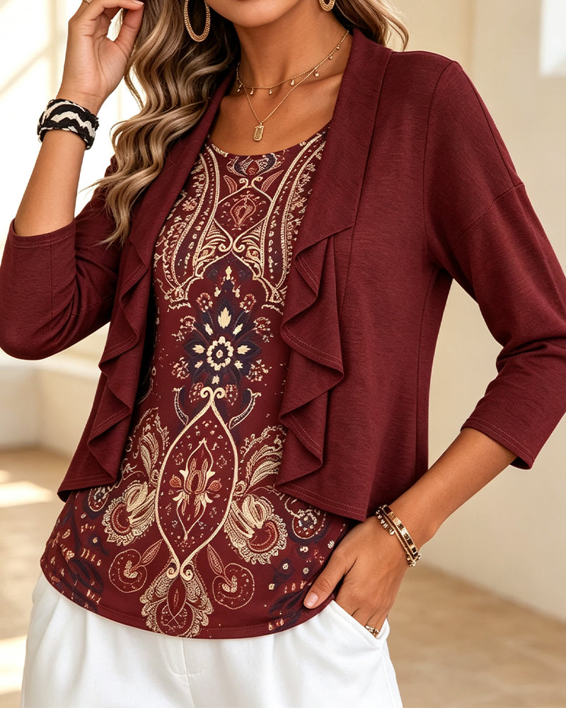 Blouse Imitation Deux Pièces Volant Imprimé