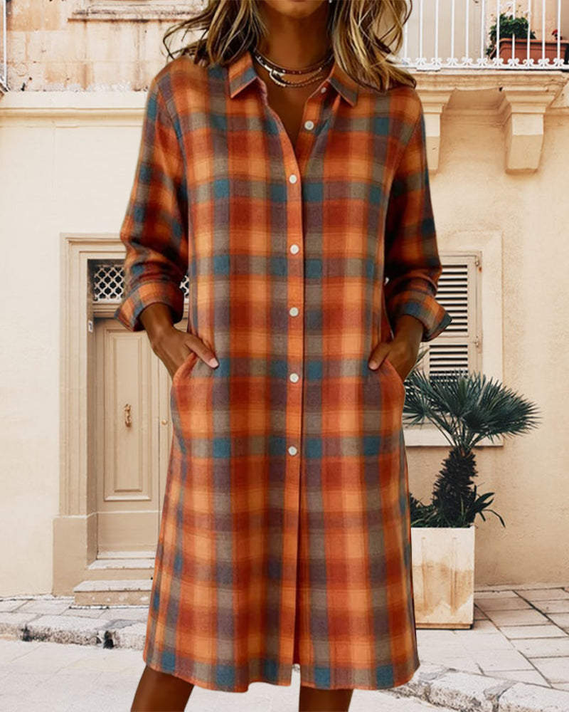 Robe Chemise À Carreaux Col Revers Boutonnée