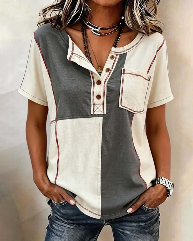 T-Shirt Couleur-Contraste Col-Rond Bouton Patchwork