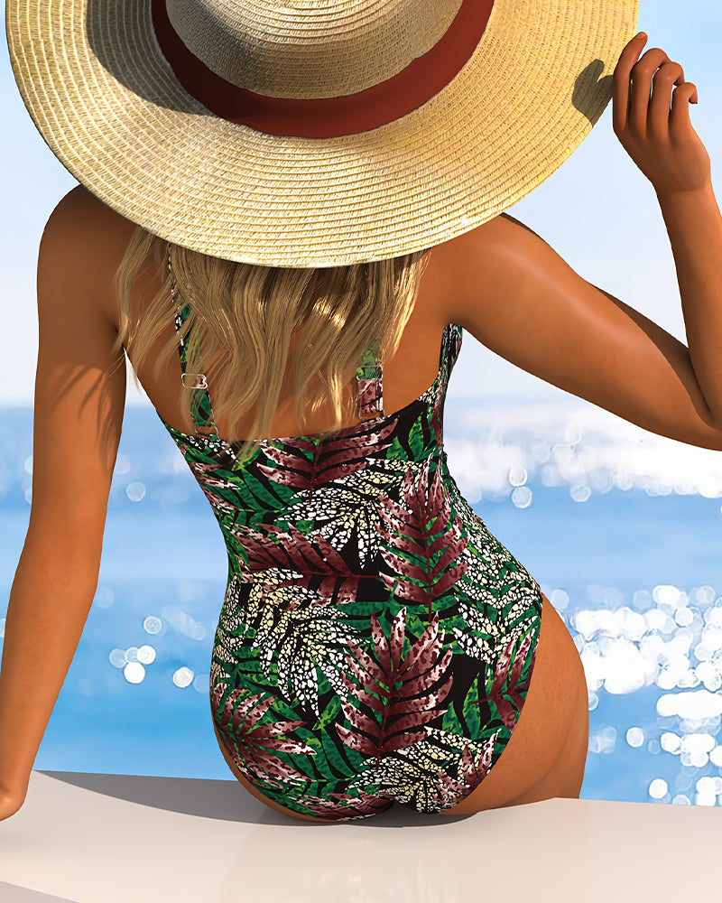 Maillot De Bain Imprimé Plante Tropical Une Pièce