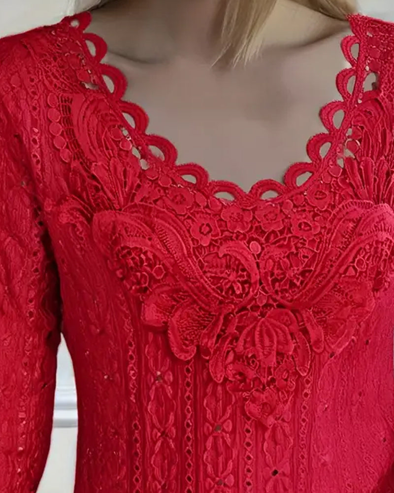 Haut À Bordure En Dentelle Ajouré Manches Longues