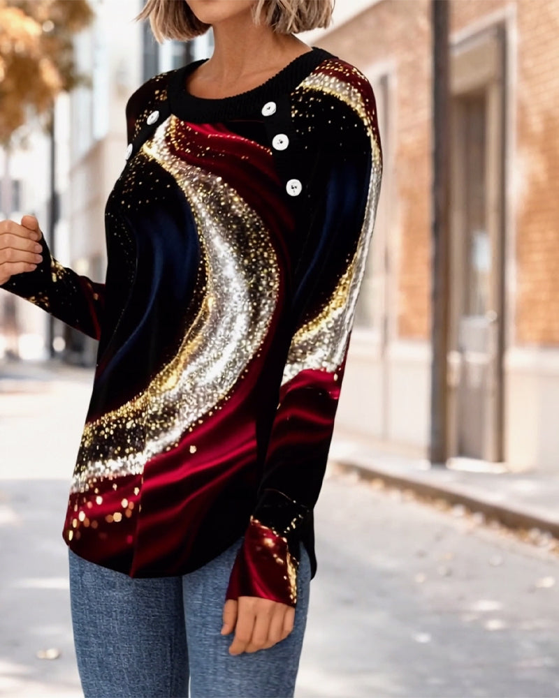 T-shirt imprimé à col rond et manches longues