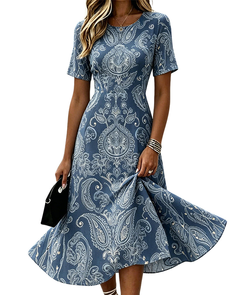 Robe Encolure Ronde Taille Imprimé Ligne A