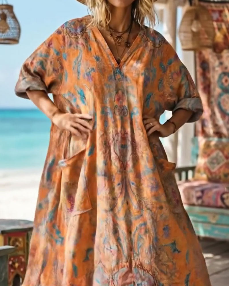 Robe Rétro Imprimé Fleuri Col V Maxi