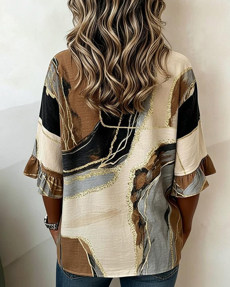 Blouse Encolure V Bouton Manche Évasée