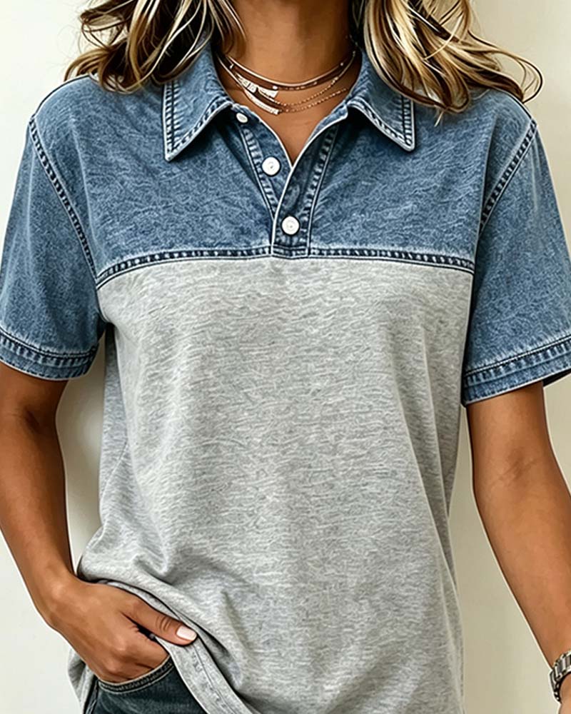 Blouse Manche Courte Col Chemise Denim Patchwork