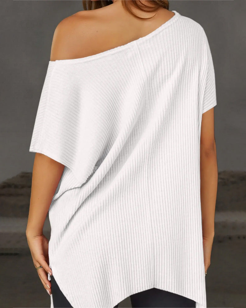 T-Shirt Irrégulier Off-Shoulder Manche Courte Côtelé