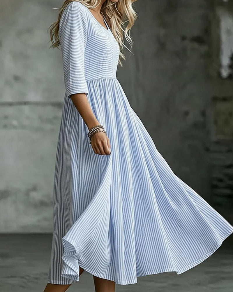 Robe Rayée Col-Rond Taille-Haute Manche-Trois-Quarts