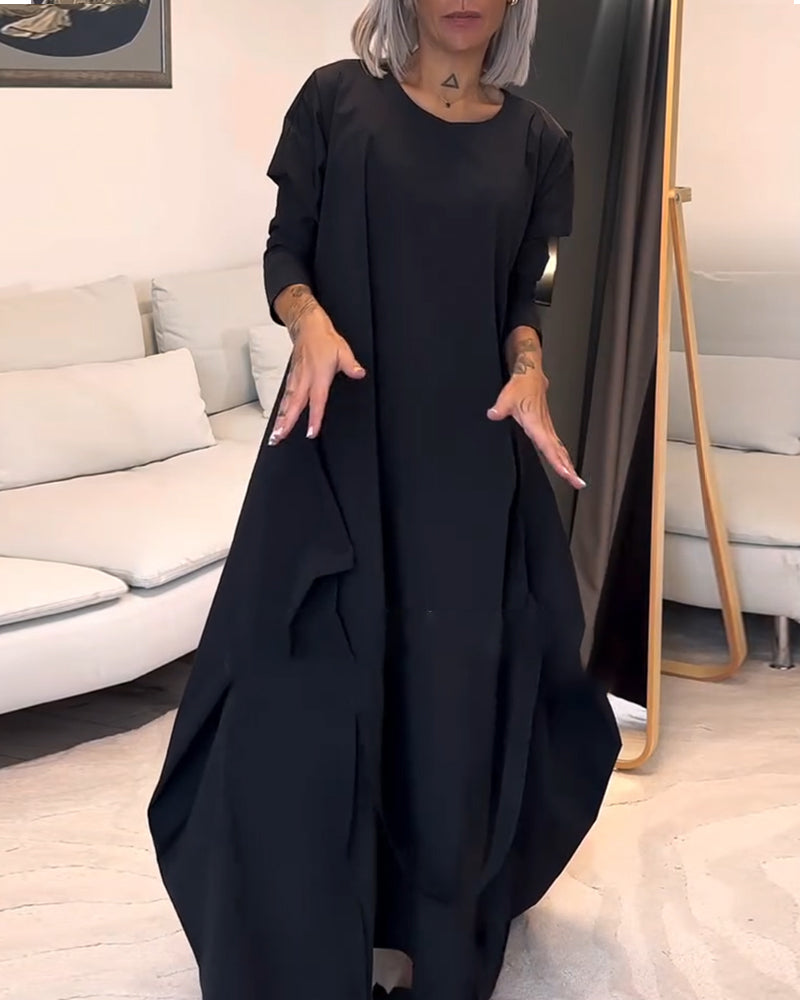 Robe plissée à lacets de couleur unie à la mode avec col rond