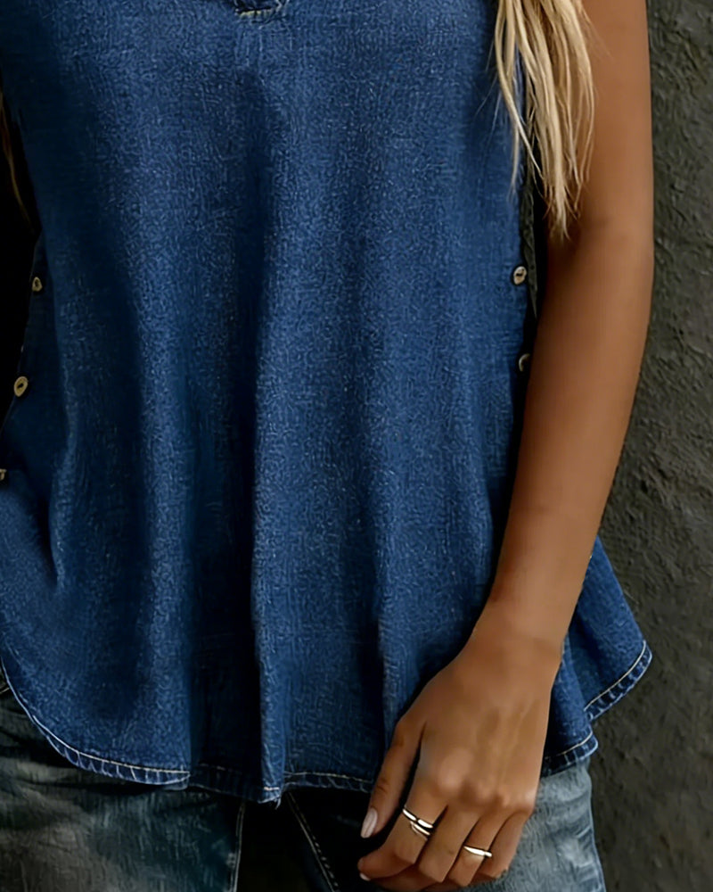Chemisiers Col V Manches Courtes Denim Bouton