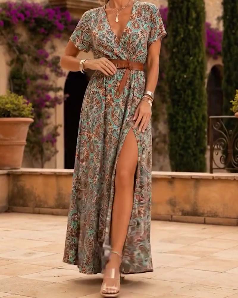 Robe Col En V Vintage Paisley Fente Longue