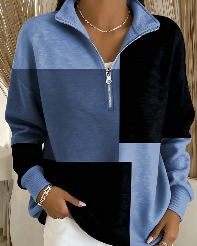 Sweatshirt À Carreaux Bloc-Couleur Fermeture Éclair Col-Debout