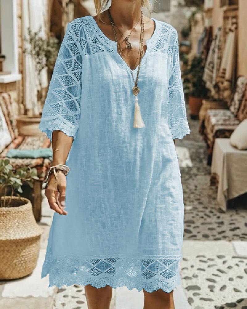 Robe Col V Dentelle Patchwork Décontractée