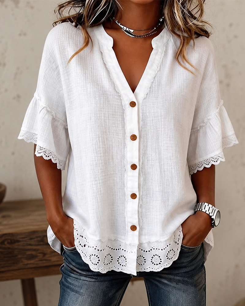 Blouse Col V Dentelle Patchwork Bouton