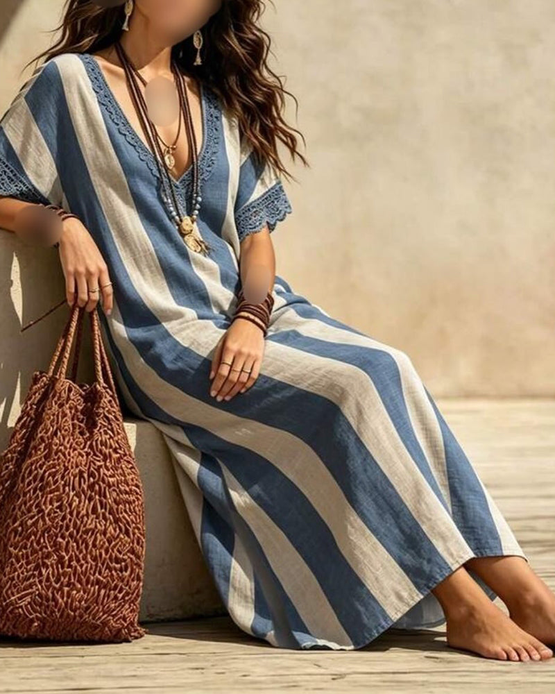 Robe Col V Rayée Décontractée
