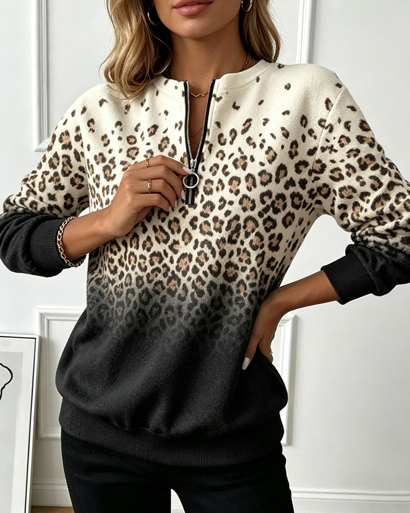 Sweatshirt Fermeture Éclair Gradient Imprimé Léopard