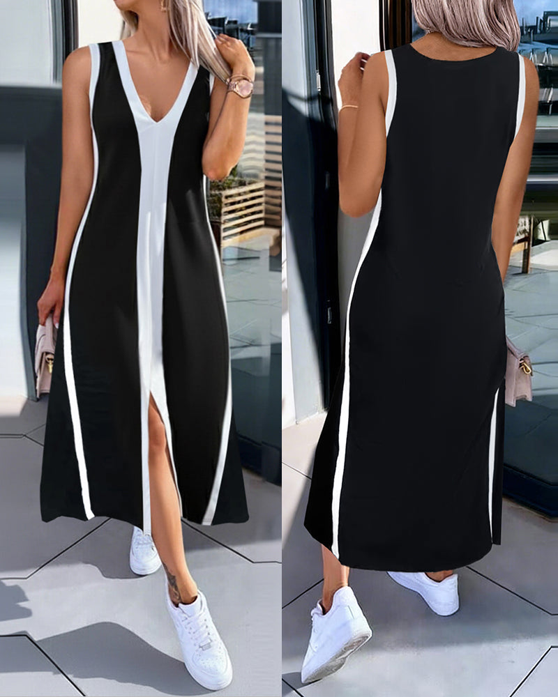 Robe À Bloc De Couleur Sans Manches Fendue Maxi