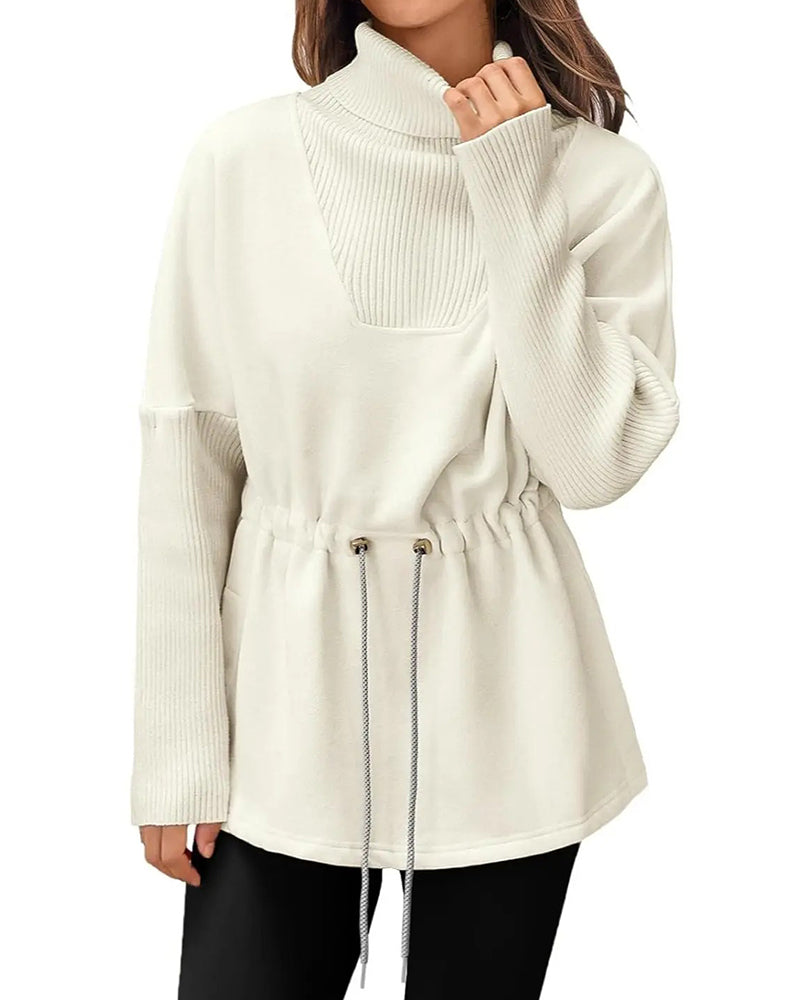 Sweat-Shirt Col Haut Manches Longues Taille Cordon