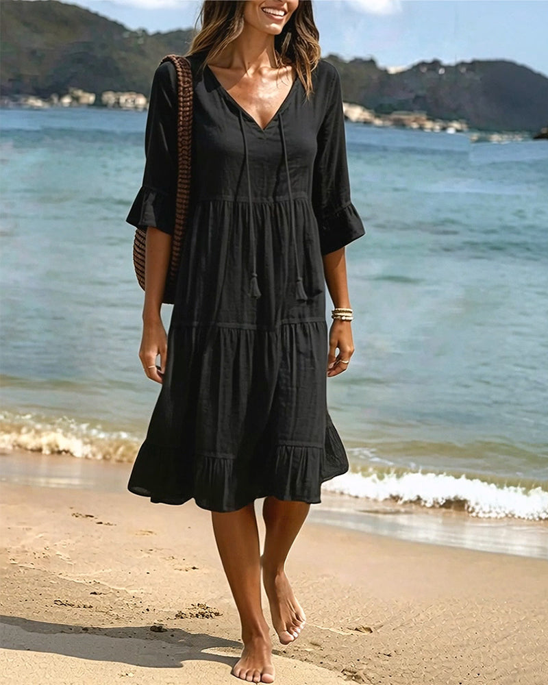 Robe Évasée Demi-Manche Nœud À La Taille