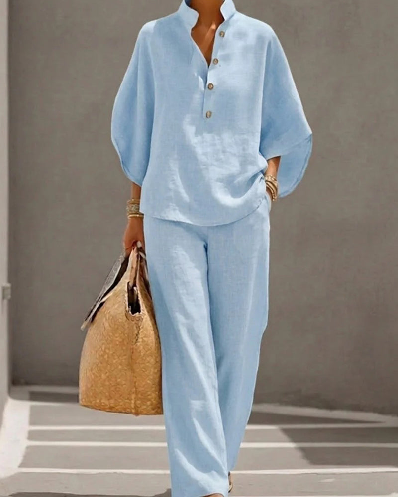 Ensemble Col Monté Manche Chauve-Souris Large Jambe Pantalon