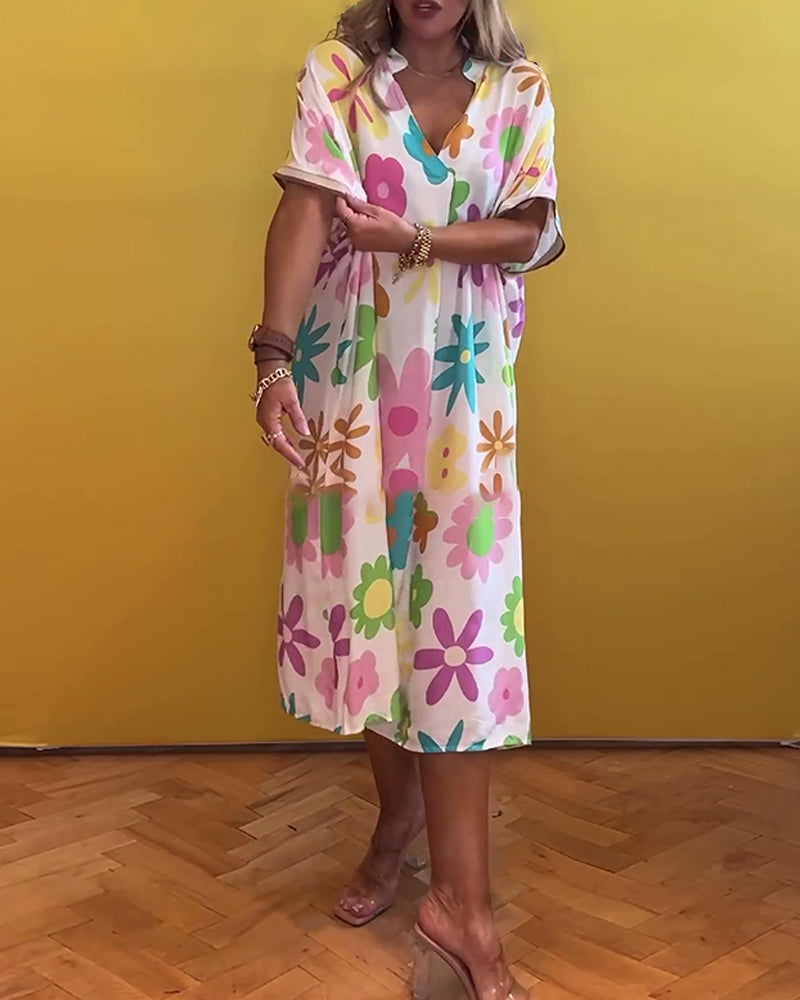 Robe ample col V imprimé fleuri