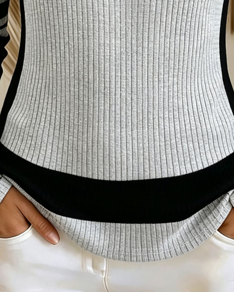 Blouse Col En U Bouton Couleur Contrastante