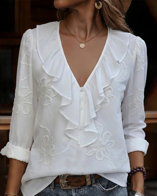 Chemisier Col Volant Brodé Fleur