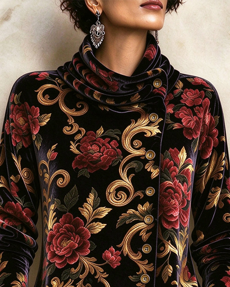Haut Vintage Fleuri Col Roulé Boutonnage Croisé