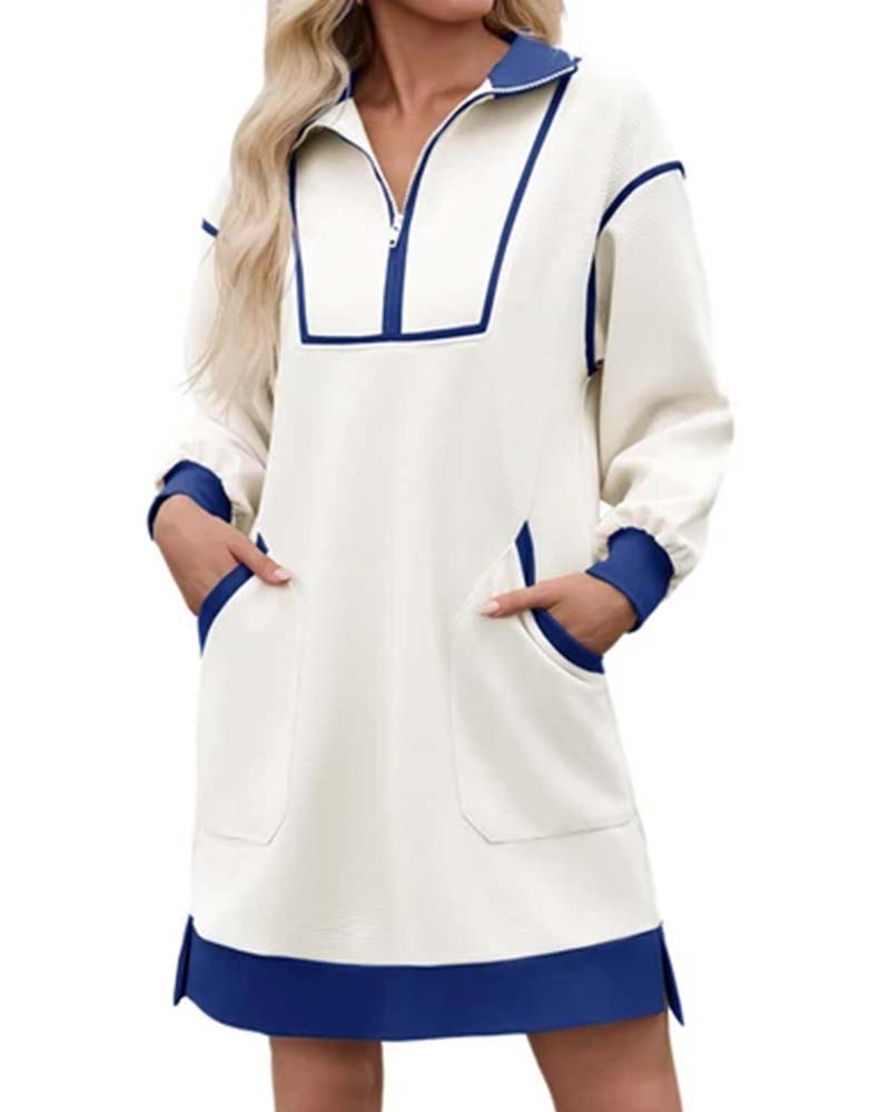 Robe Demi Zip Manches Longues Blocs De Couleurs Courte