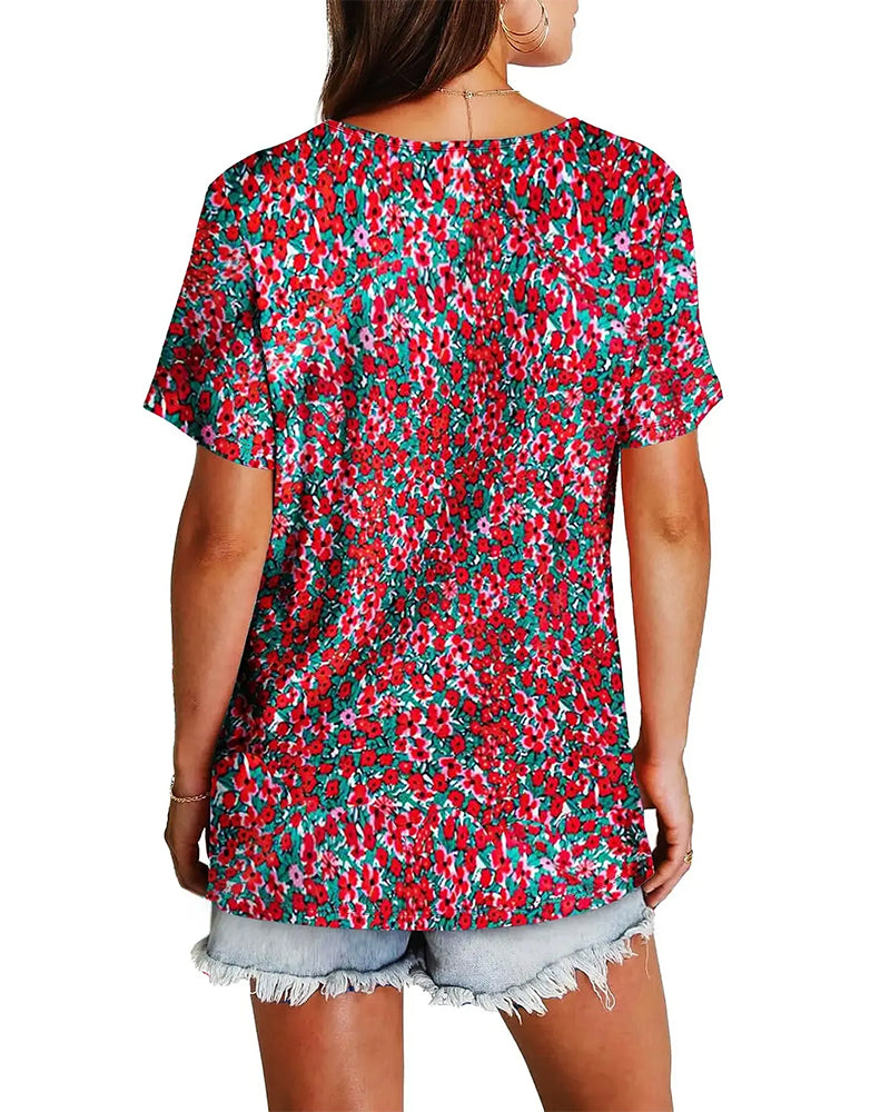 Blouse Fleurie Col V Manches Courtes