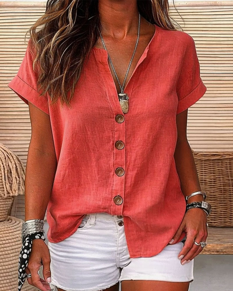 Chemise Encolure V À Un Rang Manche Courte