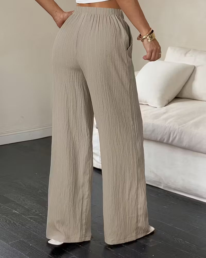 Pantalon Plissé Taille Haute Large Jambe