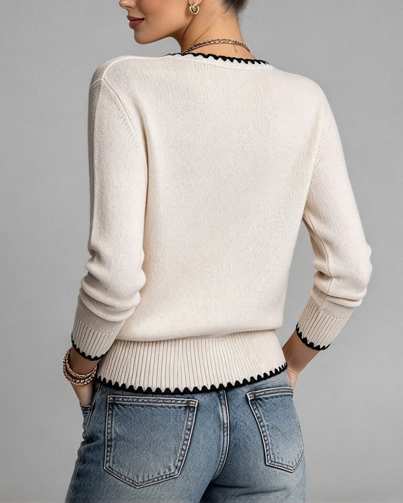 Cardigan Col V Boutonné Contraste