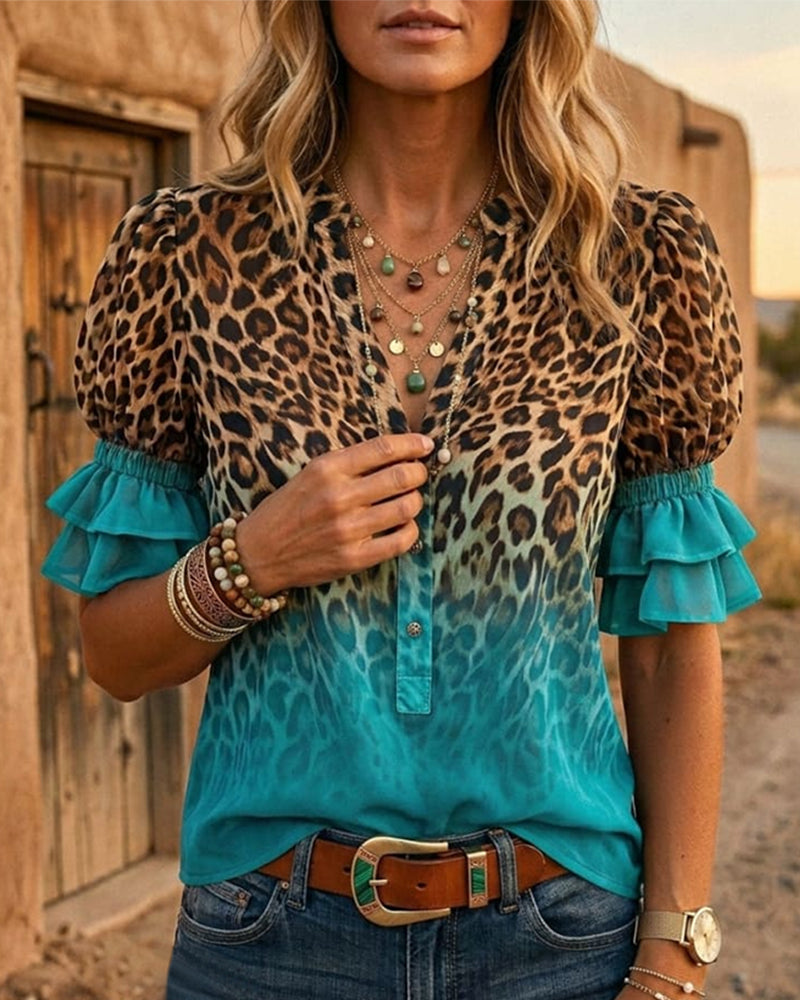 Blouse Col V Imprimé Léopard Dégradé Volantée