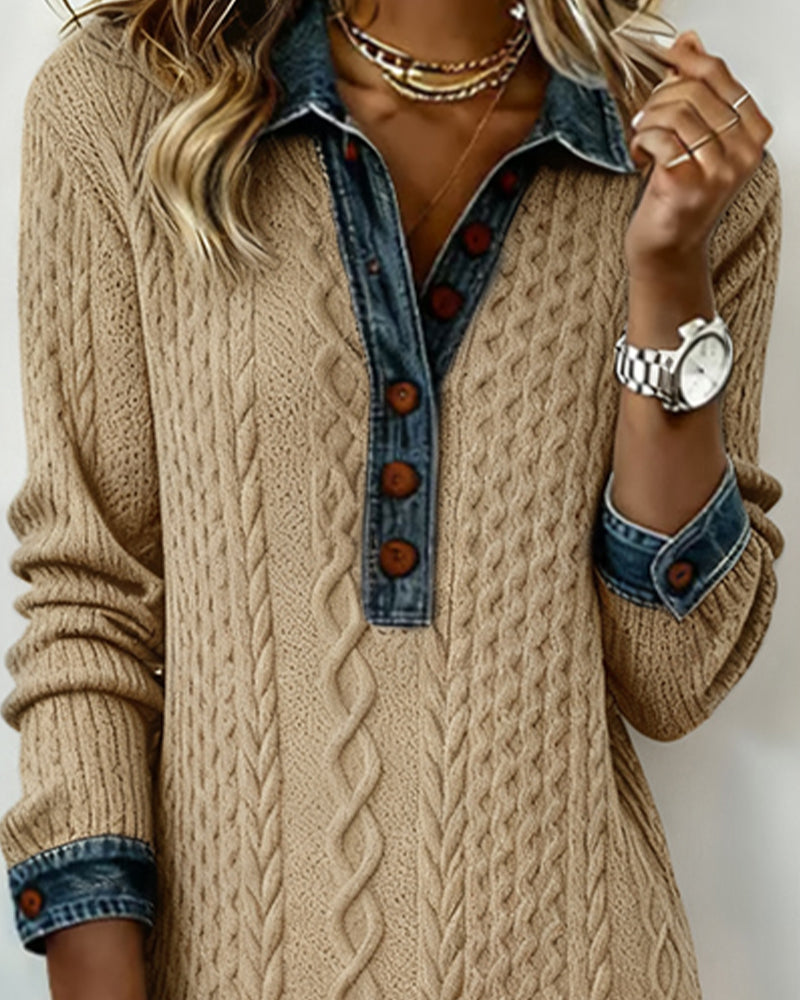 Robe À Col En Jean, Motif Torsadé Et Patchwork