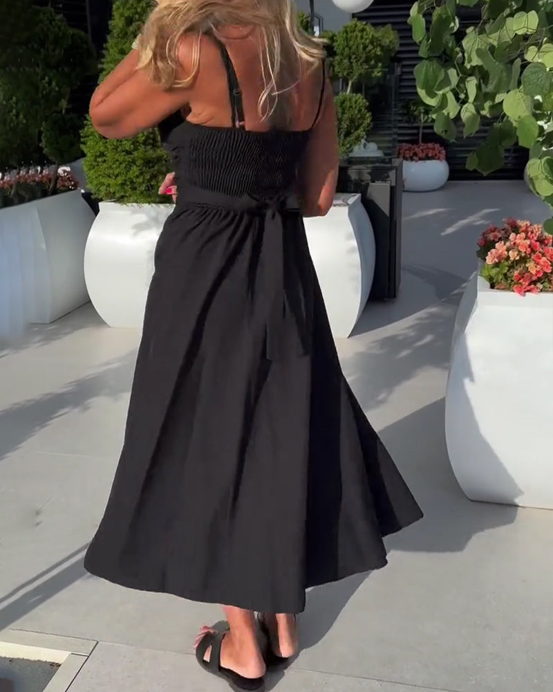 Robe Bretelles Col En V Froncée Taille Haute