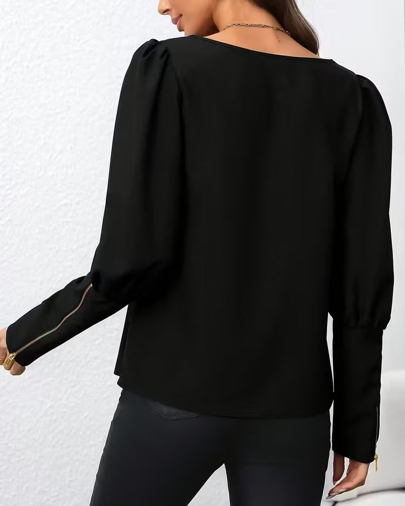 Blouse Fermeture Éclair Manches Bouffantes
