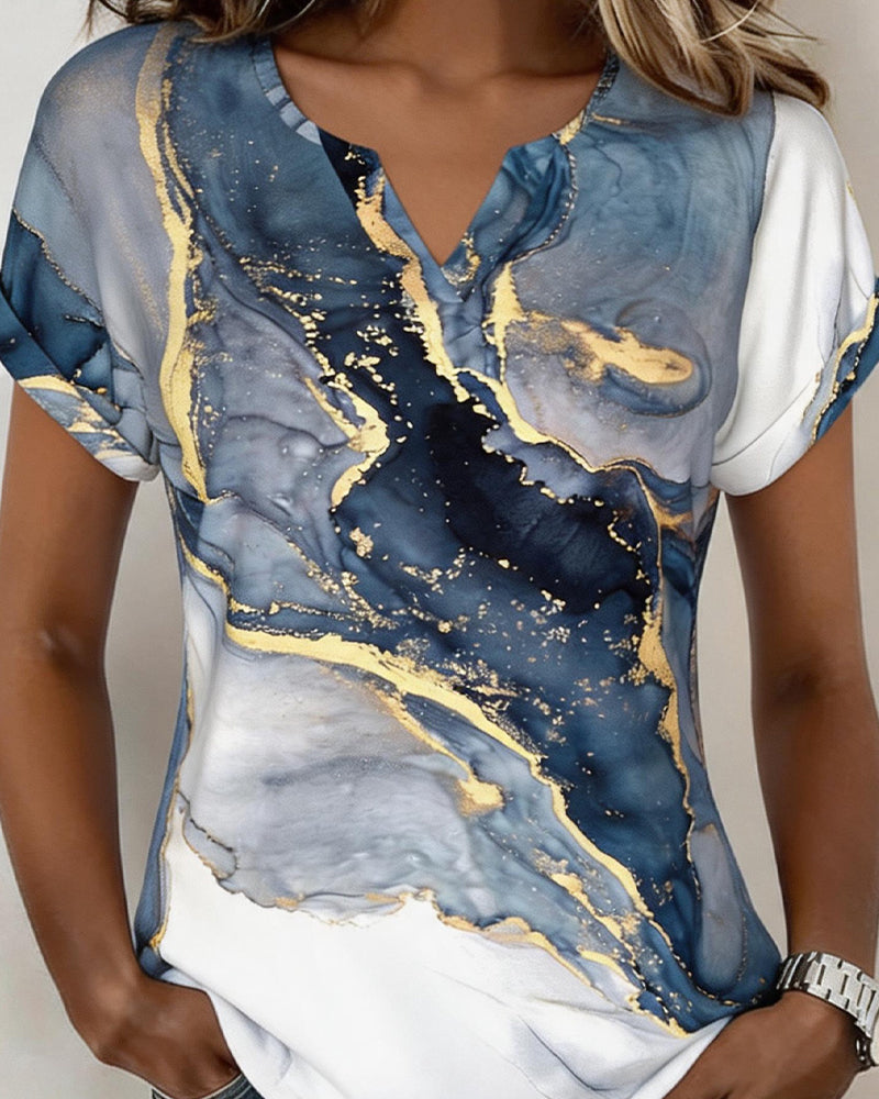 T-Shirt Imprimé Marbre Col En V