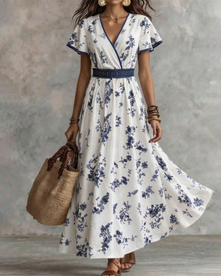 Robe Col V Taille Cintrée Florale Maxi