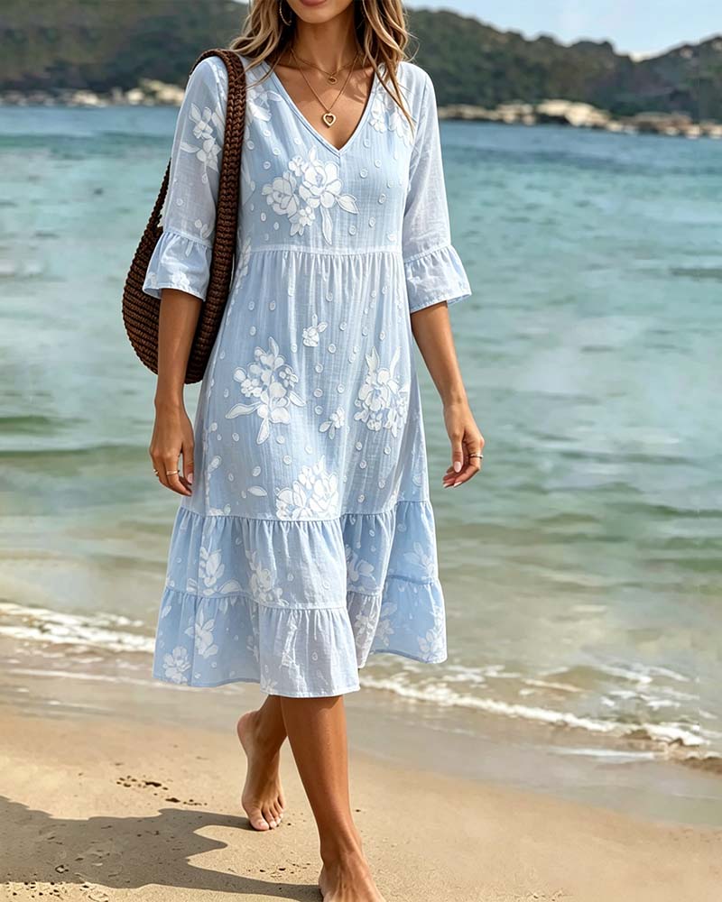 Robe Fleurie Col V Demi-Manches