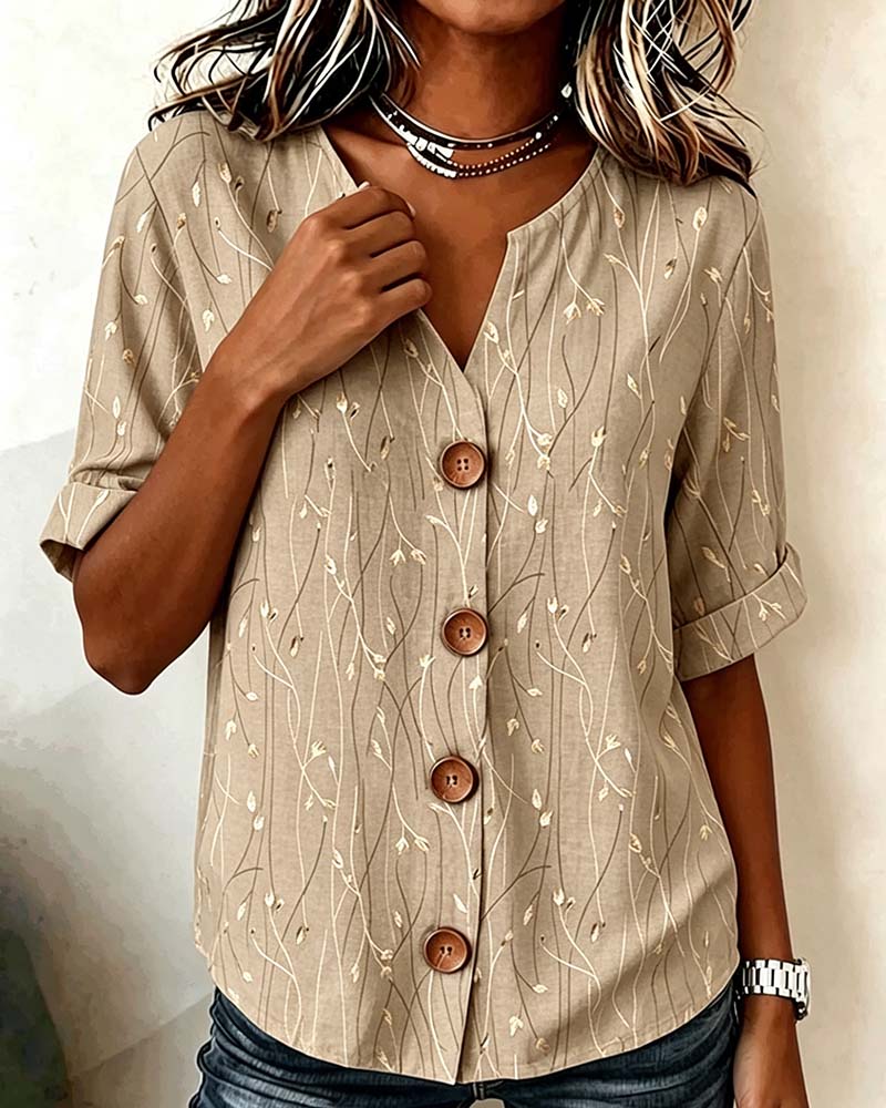 Blouse Mini Col V Bouton Décontractée